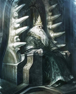 Grey King sitting on his throne made of Nagga's jaws. Art work by Arthur Bozonnet for The World of Ice and Fire.